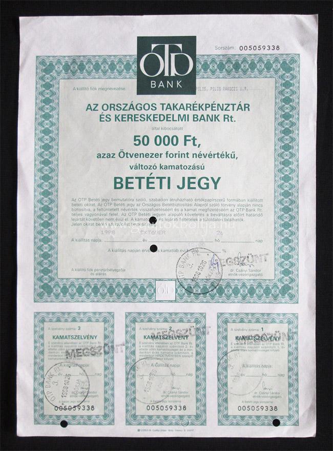 Orsz�gos Takar�kp�nzt�r (OTP) bet�ti jegy 50000 forint 1998